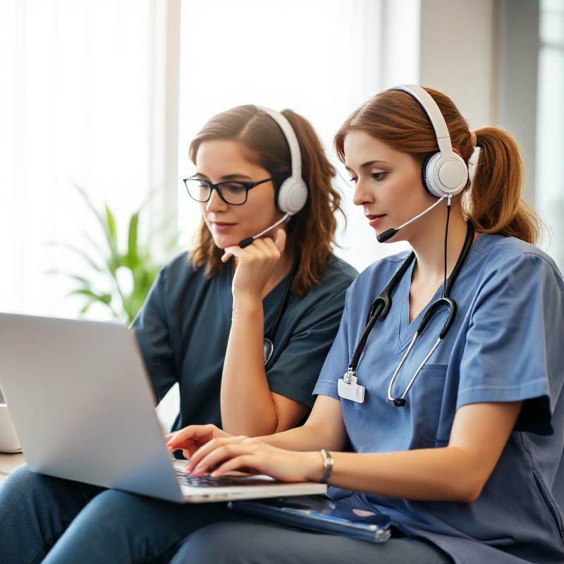 Two nurse practitioners collaborating on a laptop